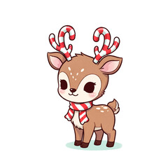 Fototapeta premium Adorable kawaii style reindeer with striped candy cane antlers and a red and white scarf, perfect for festive holiday designs and children's projects.