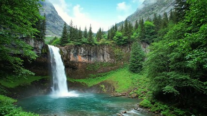 Waterfall's sound waves visualized as ripples on a calm lake surface with waterfall in the mountains, water effect social media style