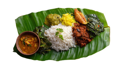 South Indian style lunch or dinner meal or food served with a selection of recipes over a banana leaf isolated on a white background