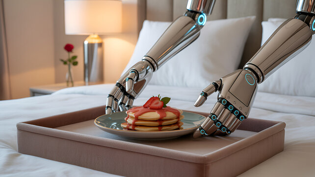 Humanoid robot hands serving breakfast on a tray in a modern bedroom, futuristic hospitality and smart home service concept, AI-powered domestic assistance, luxury lifestyle, warm indoor lighting, rea