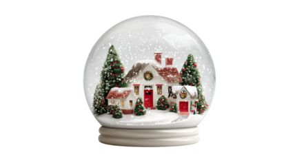 snowy Christmas house inside glass snow globe with red doors pine trees winter holiday scene isolated on white background