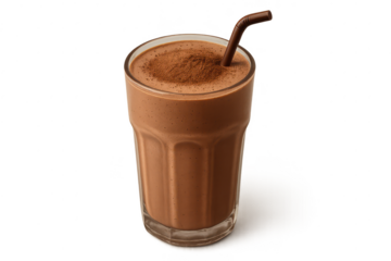 Delicious chocolate milkshake with a straw and topping on transparent background.