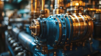 Fototapeta premium Closeup captures the intricate details of a diesel engine running smoothly, showcasing its complex components and metallic surfaces. A display of engineering and industrial power in action, with