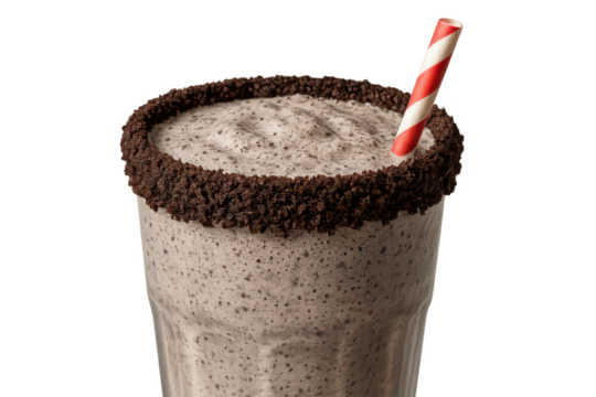 Cookies and cream milkshake, cookie rim, red straw, transparent background. - Powered by Adobe