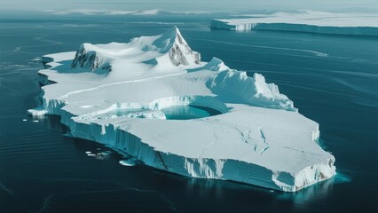 Aerial view of a massive iceberg with a central meltwater pool floating in dark ocean waters
