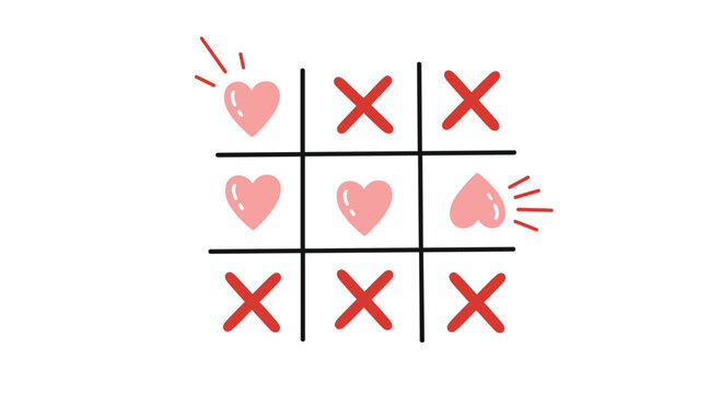 Heart themed tic tac toe board features red X marks and pink heart icons arranged on a three by three grid to convey a playful romantic game.