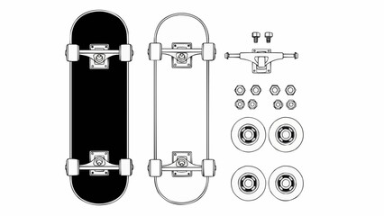 Skateboard parts illustrated with wheels, trucks, and screws layout  