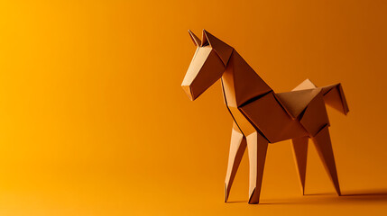 Elegant paper horse origami art, showcasing minimalist design against a vibrant orange backdrop. A creative symbol of simplicity and art. The origami is nicely done.