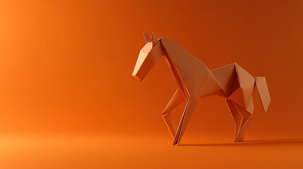 Geometric equines: A single horse folded from a paper material, standing against an orange backdrop, blending artistic design with mathematical origami principles.
