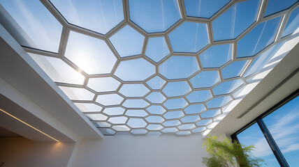 Futuristic architectural ceiling featuring a geometric hexagonal glass skylight structure, modern high-tech building interior, symmetrical design with natural daylight, innovative construction materia