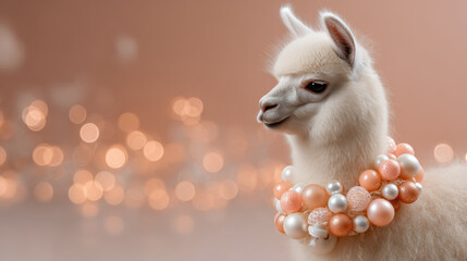 Naklejka premium Calm and charming fluffy white llama adorned with pastel bauble wreath. This cute young alpaca has soft focus bokeh light background