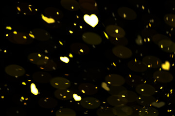 Yellow Heart Bokeh Background, Romantic Glowing Light Overlay on Black, Falling Heart Bokeh Lights, Heart-Shaped Bokeh