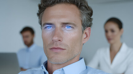 Focused cyborg businessman with glowing blue eye represents future technology and artificial intelligence in corporate office, analyzing data