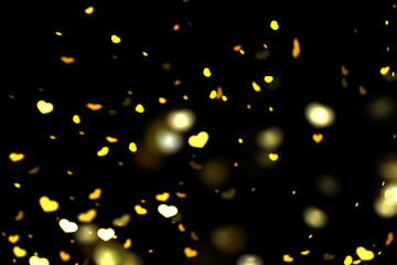 Yellow Heart Bokeh Background, Romantic Glowing Light Overlay on Black, Falling Heart Bokeh Lights, Heart-Shaped Bokeh