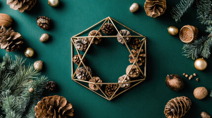 Elegant festive Christmas decoration flat lay with golden geometric frame, pine cone, and fir on green background. merry celebration