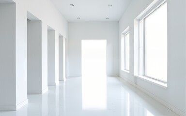 Fototapeta premium Modern minimal white office corridor or hallway interior with a large window though the meeting room. High quality