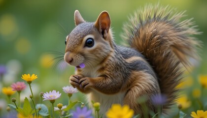 a fluffy and grey beautiful squirrel is eating peanut