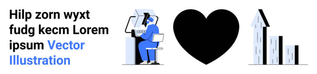 Business strategy, technology, emotional connection, growth success, digital work, professional focus. Worker analyzing data, heart symbol rising bar graph. Business strategy and technology focus