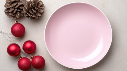 Festive christmas table setting with pink plate and pine cone decorations