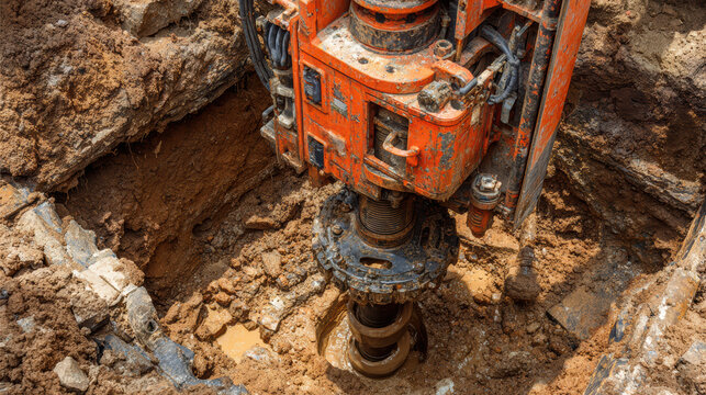 Powerful orange auger drill machine on construction site. heavy equipment digs deep hole into soil for new building foundation