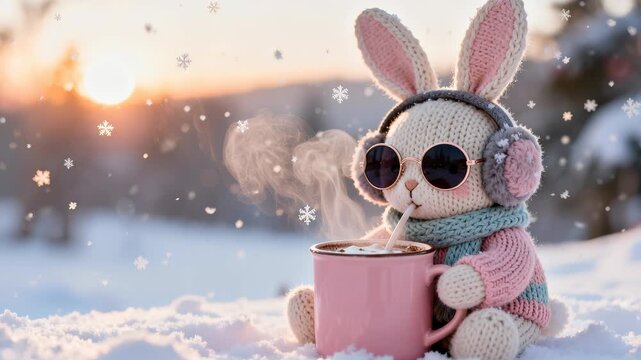 Funny knitted rabbit drinking cacao from a steaming pink mug in snow. Cozy winter Christmas holiday footage for kids and social media.