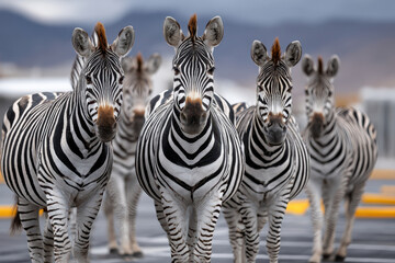 Obraz premium Zebras walking in a line through an open area with mountains in the background