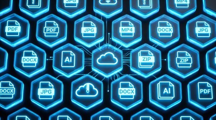 Glowing hexagonal blocks displaying various file formats and icons on a dark black background, creating a futuristic, high-tech digital interface