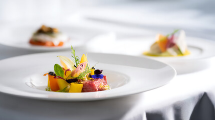 Experience culinary art with delicate appetizers: vibrant, visually stunning dishes on pristine white plates. Each bite is a symphony of textures and flavors, a true feast for the senses.