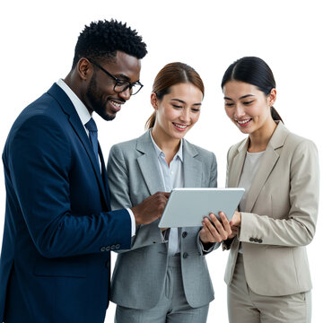 Diverse group of business professionals collaborating and looking at a tablet computer isolated on transparent background
