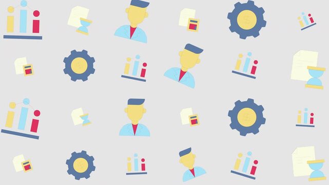 Pattern of business data charts, gears, and documents icons on light background, flat graphic design, seamless technology concept