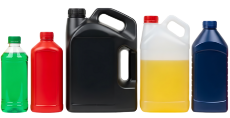 Collection of various automotive fluids in plastic bottles isolated on transparent background