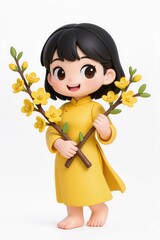 Naklejka premium Cute chibi Vietnamese girl holding a branch of mai vàng (Ochna flower), sweet smiling face, glossy figurine, white background.