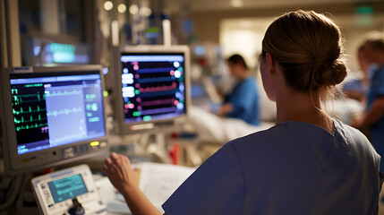 In an ICU, a nurse monitors patient data on screens, back to camera. Blue scrubs, warm lighting, and other staff create a scene of dedicated care and vigilance.