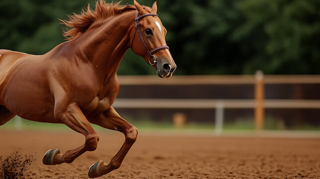 A chestnut horse canters with incredible speed, the breeze playing through its mane. Its muscles ripple as it moves, showcasing its strength and power in a dirt track.