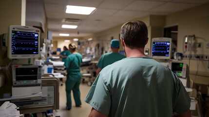 Busy Hospital Hallway: Doctors & Nurses in Action. Medical professionals in scrubs walk purposefully through a hospital hallway, tending to patients, monitoring medical devices.