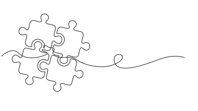 Continuous one line drawing animation of jigsaws on white background. Puzzle game symbol and sign business metaphor of problem solving, solution, and strategy. Animation video. Puzzle game 