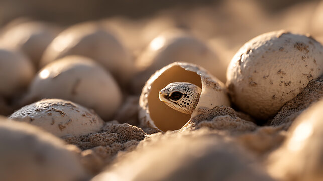 A tiny sea turtle emerges from its shell on the sandy beach, surrounded by other eggs, ready to embark on its ocean journey. Life's fragile beginnings.
