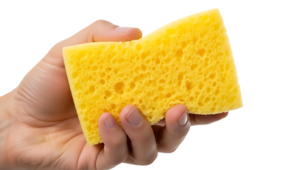 Close up of a yellow sponge held in a hand isolated on transparent background