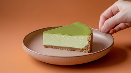 A delicious slice of green-glazed cheesecake sits on a plate, with a hand about to grab it. Perfect for dessert lovers! This treat is perfect for any time of the day.