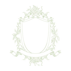Elegant vintage shield frame with floral grape ornament and ribbon for classic heraldic designs