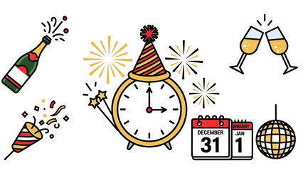New Years Eve Celebration - Clock, Champagne, and Festive Elements.