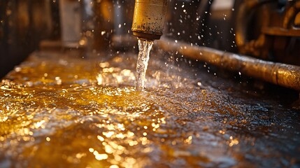 A closeup captures the hydraulic fracturing process in action, showcasing the powerful forces at work. Water splashes and glistens with warm light, highlighting the intricate mechanisms involved in