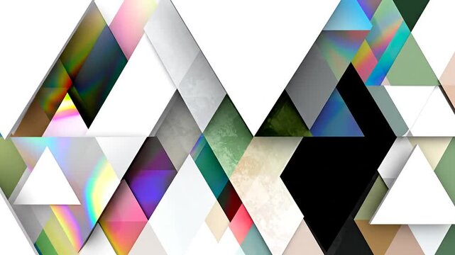 A geometric abstract composition featuring overlapping triangles in various colors and textures