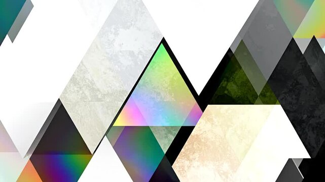 A vibrant abstract composition featuring overlapping geometric shapes and colorful gradients