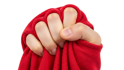 Hand making the fig sign or shooing gesture wrapped in red fabric isolated on transparent background