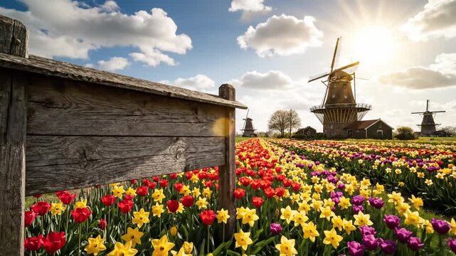 Sunset Over a Vibrant Tulip Field with Windmills and Wooden Fence