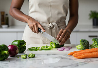 Woman chopping vegetables on kitchen countertop with knife  