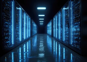 Server room corridor with glowing blue lights and reflective floor