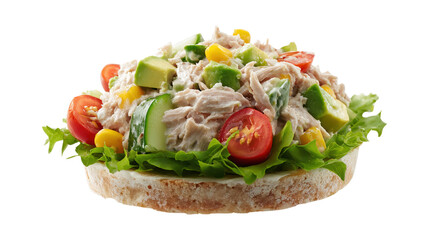  tasty chicken salad with avocado and tuna tostada isolated on a white background