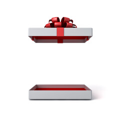 Blank low white present box open with red inside product display mock up showcase or blank red gift box with red ribbon bow isolated on white background with shadow creative idea concepts 3D rendering